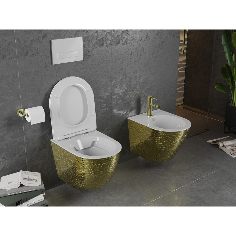 Mexen Lena Rimless WC csésze lassan záródó slim duroplast üléssel, fehér/arany pikkely minta - 30224008