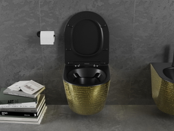 Mexen Lena vas de toaletă WC fără margini cu capac soft-close subțire, duroplast, negru mat/pattern solzi auriu - 30224078