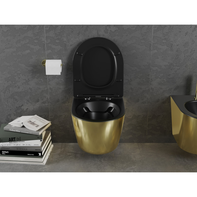 Mexen Lena Rimless WC csésze lassan záródó, vékony duroplast ülőkével, fekete matt/arany - 30224076