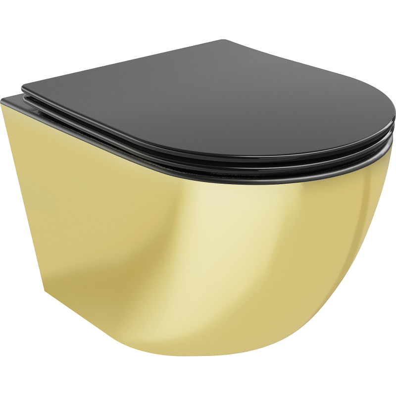 Mexen Lena Rimless WC csésze lassan záródó slim duroplast üléssel, matt fekete/arany - 30224076