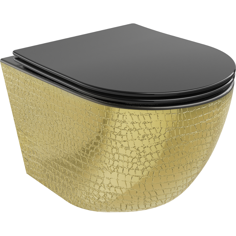 Mexen Lena vas de toaletă WC fără margini cu capac soft-close subțire, duroplast, negru mat/pattern solzi auriu - 30224078