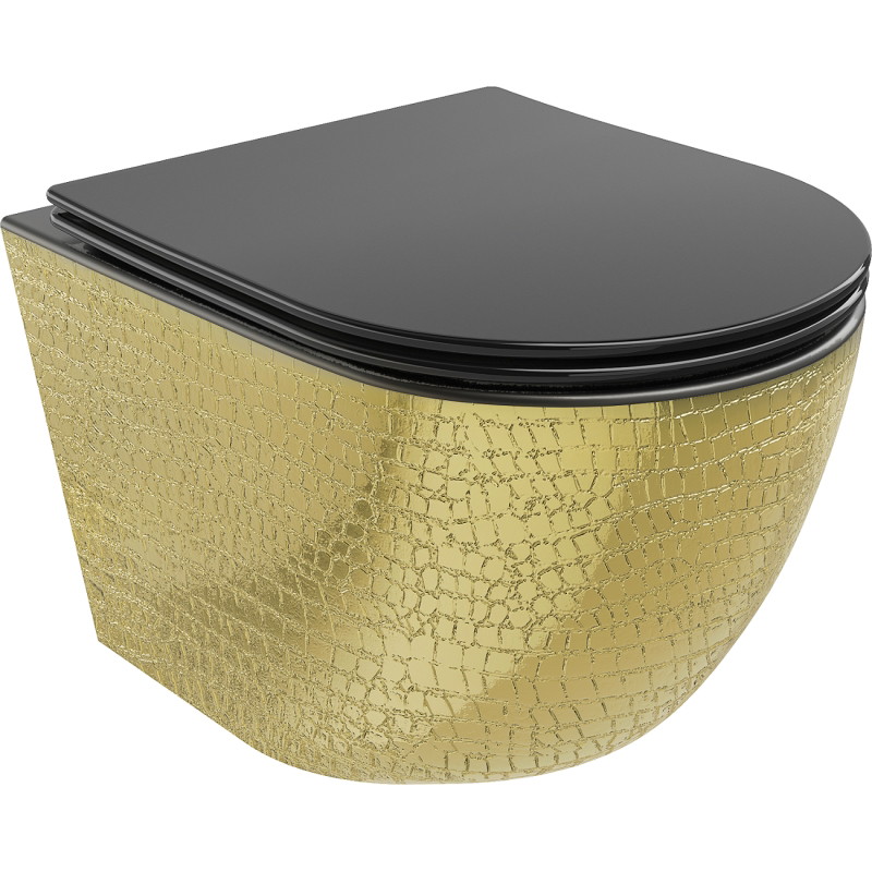 Mexen Lena vas wc Rimless cu capac cu închidere lentă slim, duroplast, negru mat/model solzi aurii - 30224078