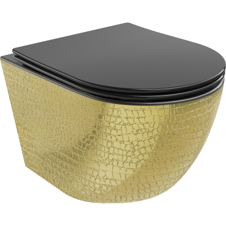 Mexen Lena vas de toaletă WC fără margini cu capac soft-close subțire, duroplast, negru mat/pattern solzi auriu - 30224078