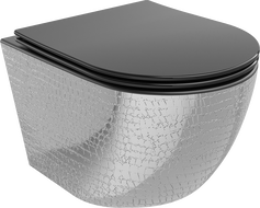 Mexen Lena vas de toaletă Rimless cu capac slim cu închidere lentă, duroplast, Negru mat/Argintiu model tip solzi - 30224072