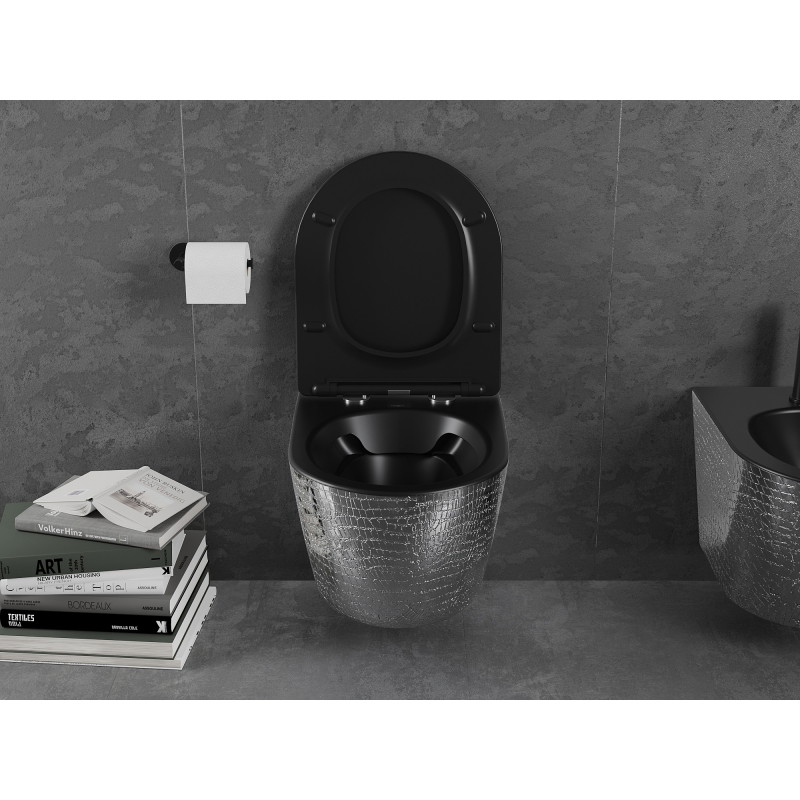 Mexen Lena vas wc Rimless cu capac cu cădere lentă slim, duroplast, negru mat/model argintiu solzi - 30224072
