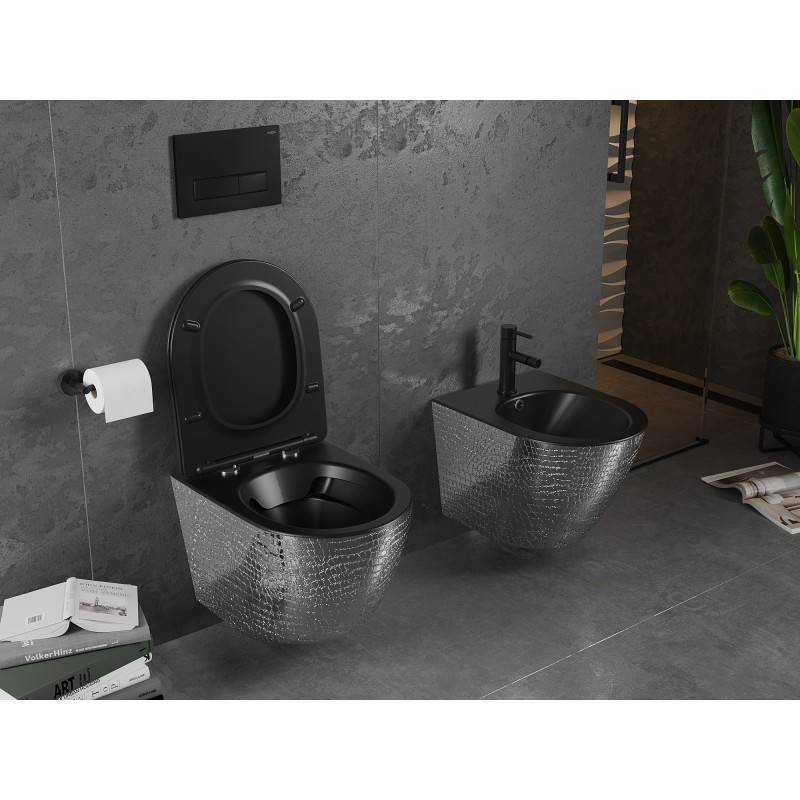Mexen Lena Rimless WC csésze lassan záródó Slim duroplaszt ülőkével, fekete matt/ezüst pikkely minta - 30224072