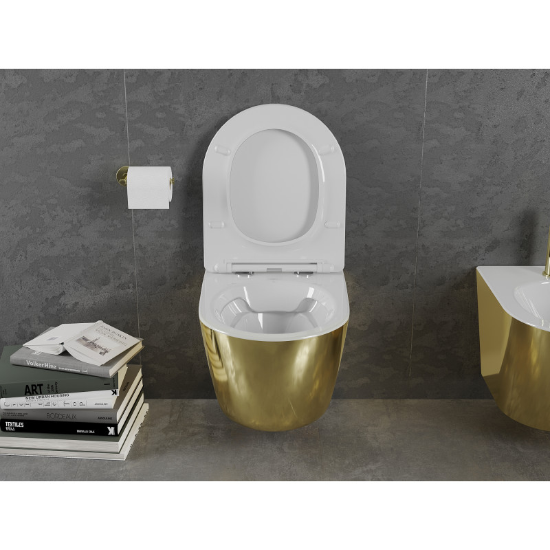 Mexen Lena vas WC fără margini cu capac cu închidere lentă slim, duroplast, alb/auriu - 30224006