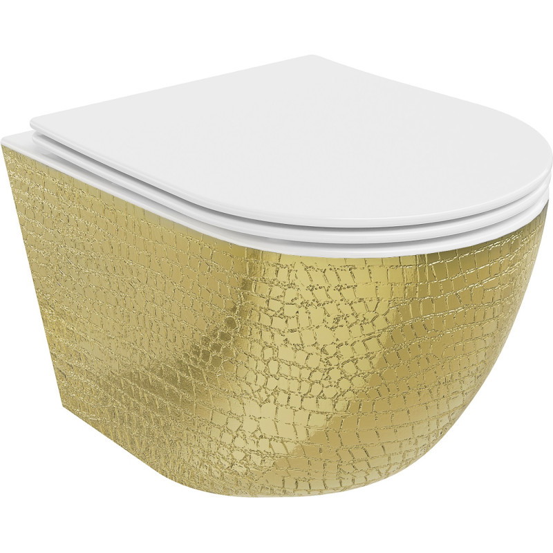 Mexen Lena Rimless WC csésze lassan záródó slim duroplast üléssel, fehér/arany pikkely minta - 30224008