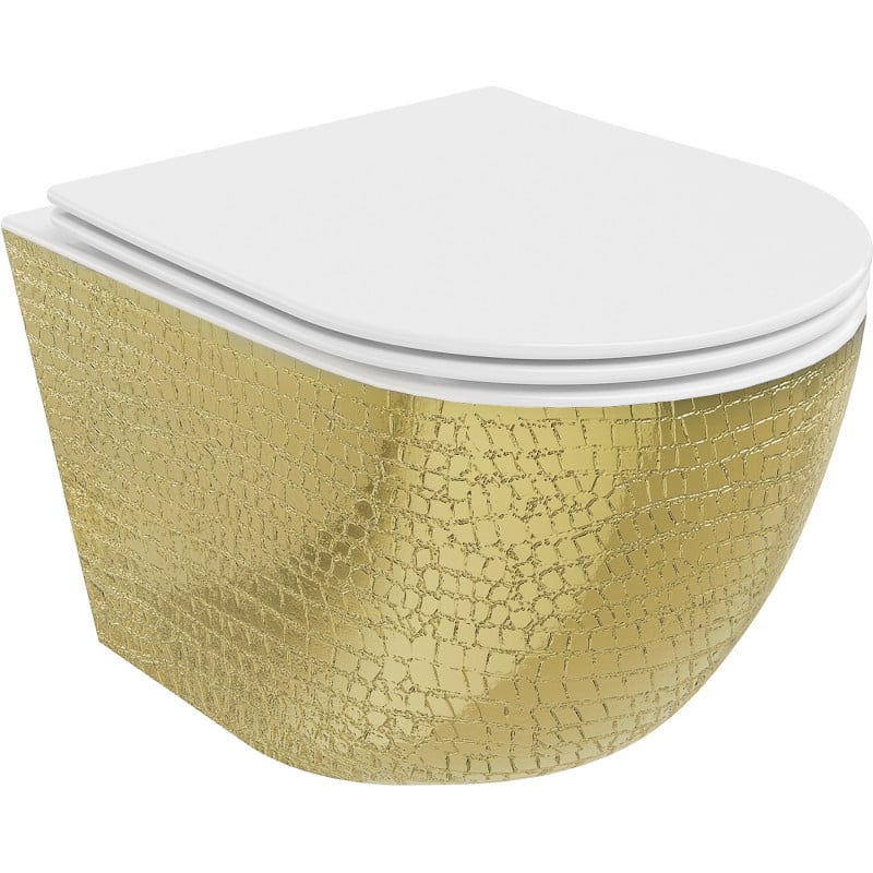 WC Mexen Lena fără ramă cu capac cu închidere lentă slim, duroplast, alb/auriu model solzi - 30224008