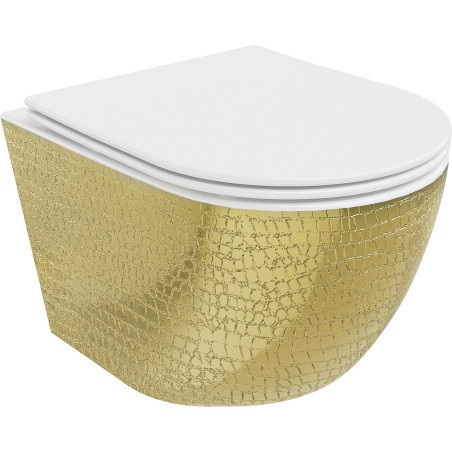 Mexen Lena Rimless WC csésze lassan záródó slim duroplast üléssel, fehér/arany pikkely minta - 30224008