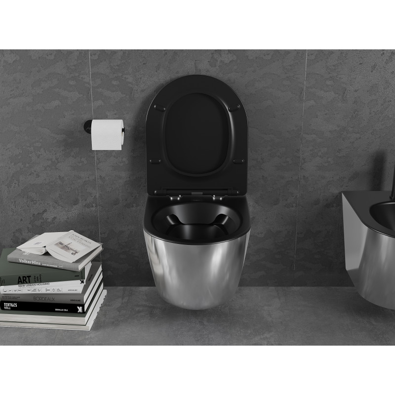 Mexen Lena Rimless WC csésze lassan záródó slim deszkával, duroplast, fekete matt/ezüst - 30224074
