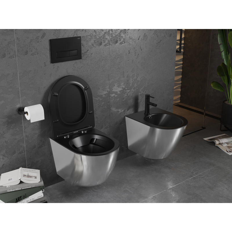 Mexen Lena Rimless WC csésze lassan záródó slim deszkával, duroplast, fekete matt/ezüst - 30224074