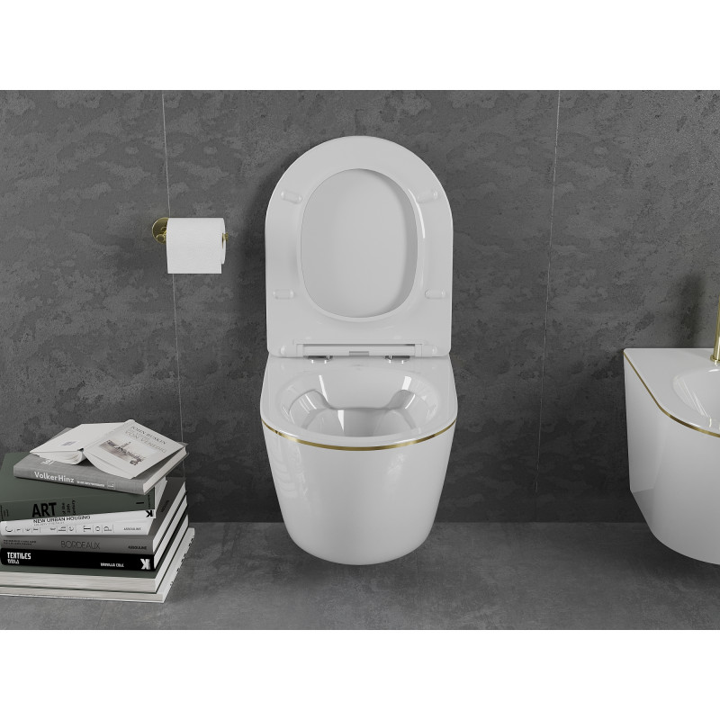 Mexen Lena Rimless WC csésze lassan záródó slim duroplast üléssel, fehér/arany vonal - 30224005
