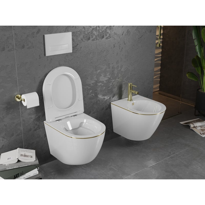 Mexen Lena vas wc Rimless cu capac slim cu închidere lentă, duroplast, alb/linie aurie - 30224005
