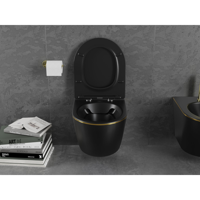 Mexen Lena vas WC rimless cu capac cu închidere lentă slim, duroplast, negru mat/linie aurie - 30224075
