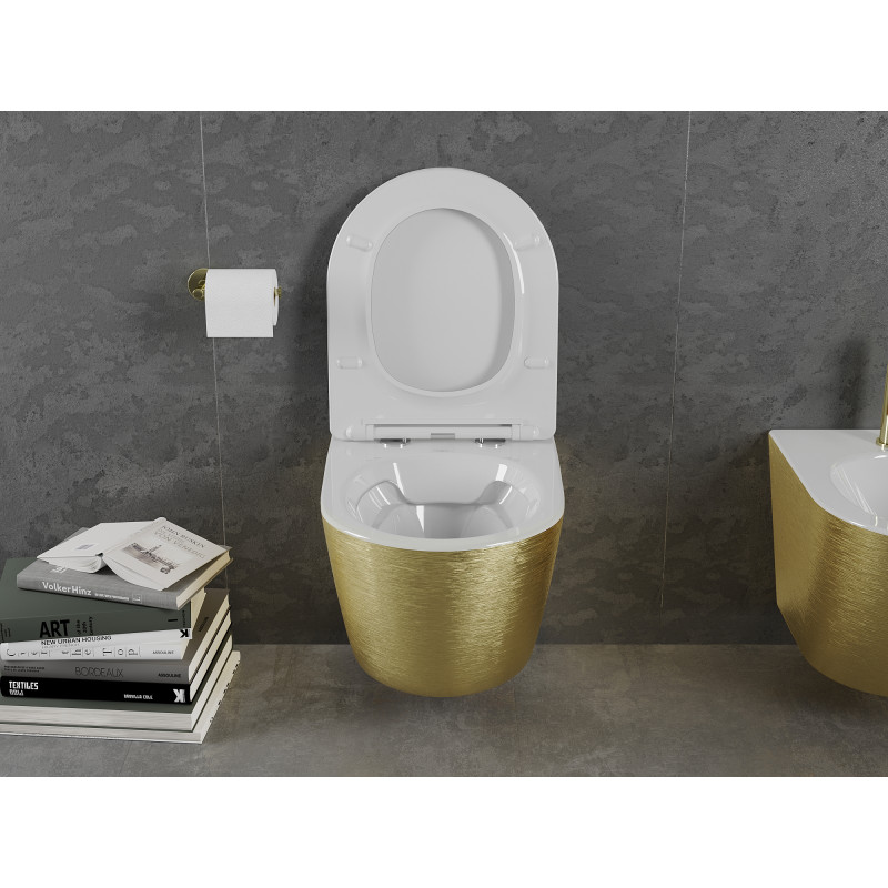 Mexen Lena Rimless wc tálca lassan záródó slim duroplaszt ülőkével, fehér/arany vonalminta - 30224007