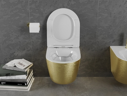 Mexen Lena perem nélküli wc csésze leeresztő automatikás ülőkével, duroplast, Fehér/arany vonalas minta - 30224007