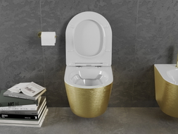 Mexen Lena Rimless wc tálca lassan záródó slim duroplaszt ülőkével, fehér/arany vonalminta - 30224007