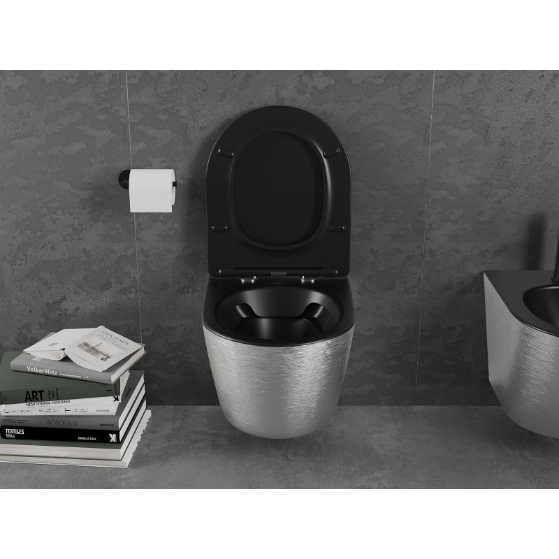 Mexen Lena Rimless WC csésze lassan záródó slimmal, duroplast, fekete matt/ezüst vonal minta - 30224073