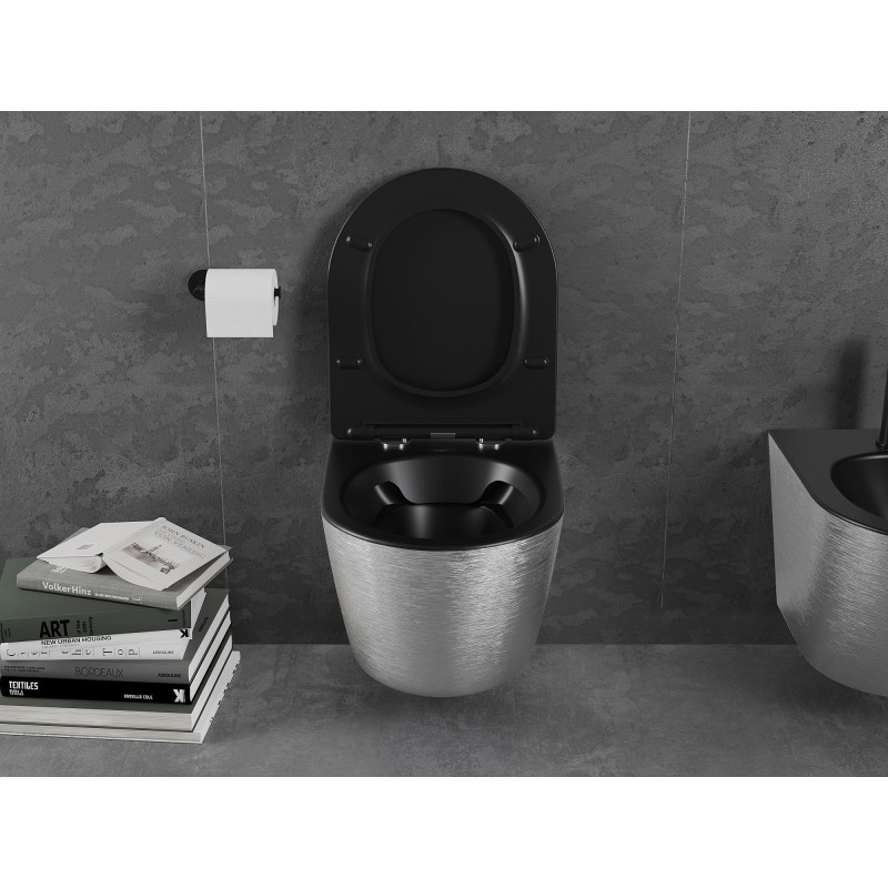 Mexen Lena Rimless WC csésze lassan záródó, vékony duroplaszt ülőkével, fekete matt/ezüst vonal minta - 30224073
