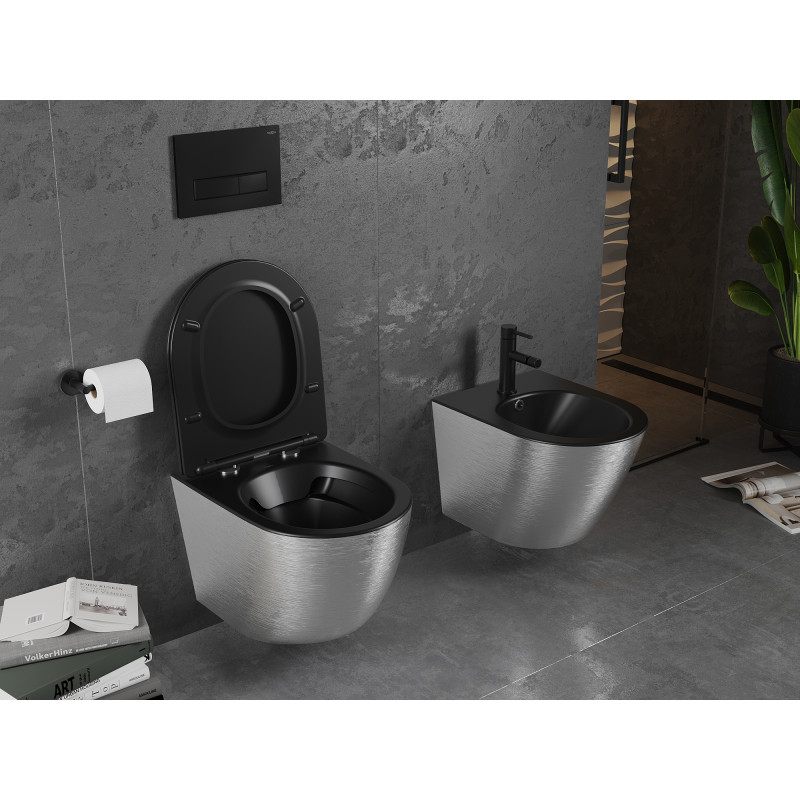Mexen Lena Rimless WC csésze lassan záródó slimmal, duroplast, fekete matt/ezüst vonal minta - 30224073