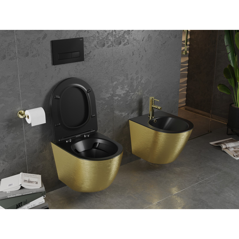 Mexen Lena Rimless WC csésze lassan záródó vékony duroplast üléssel, fekete matt/arany vonal mintázat - 30224077