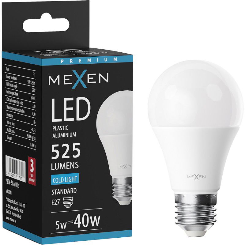 Mexen Nova LED izzó E27, A60, 5W, Hideg - 6500K, 525 lm - L100-E27-0565-01