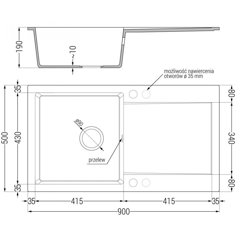Mexen Leo gránit mosogató 1-medencés csepegtetővel 900 x 500 mm, fekete, arany szifon - 6501901010-77-G