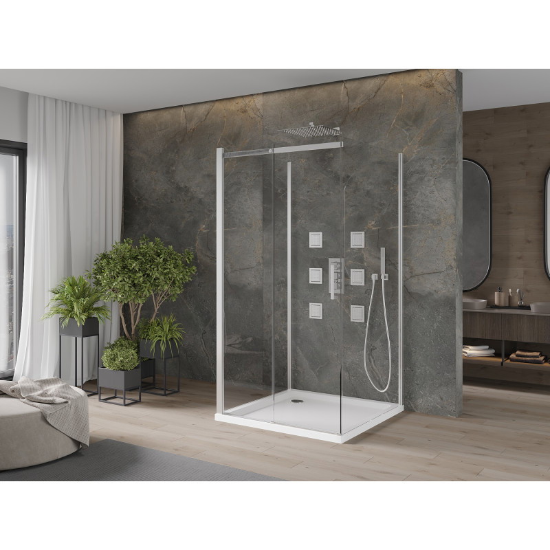 Mexen Omega-3S cabina de duș 3-ziduri, glisantă 100x100 cm, transparent, crom + cadă Flat - 825-100-100-01-00-3s-4010