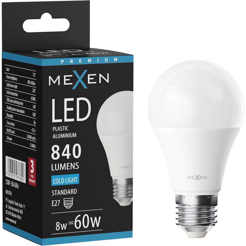 Mexen Nova LED izzó E27, A60, 8W, Hideg - 6500K, 840 lm - L100-E27-0865-01