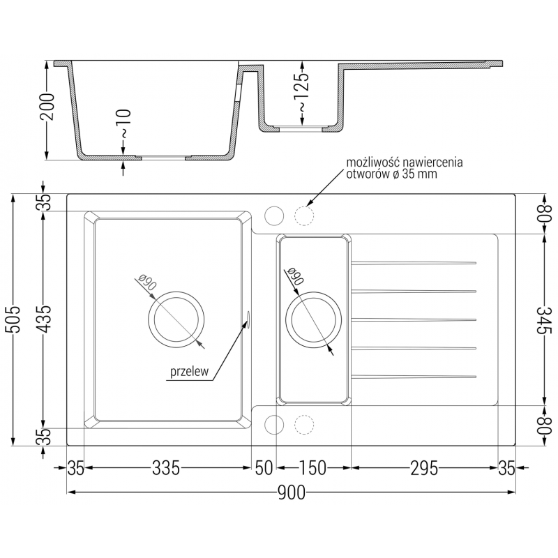 Mexen Matias 1,5 tálcás gránit mosogató csepegtetővel 900 x 505 mm, bézs, arany szifon - 6502901505-69-G