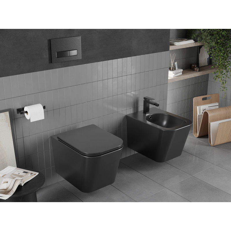 Mexen Teo Rimless WC csésze lassan záródó slim deszkával, duroplast, fekete matt - 30850685