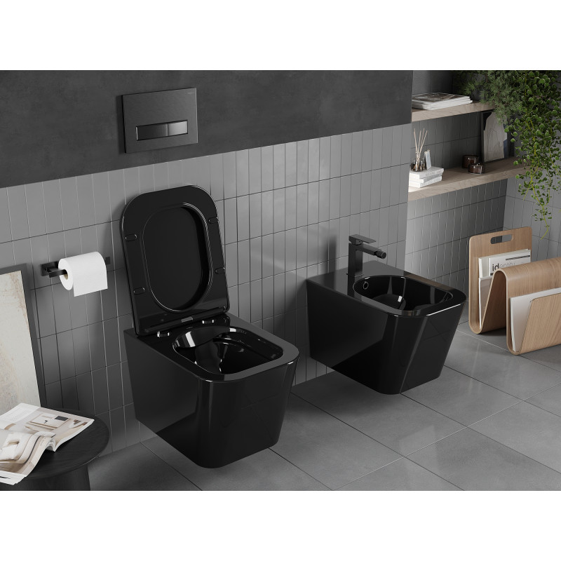 Mexen Teo perem nélküli WC-csésze lassan záródó slim tetővel, duroplast, fekete fényes - 30854070