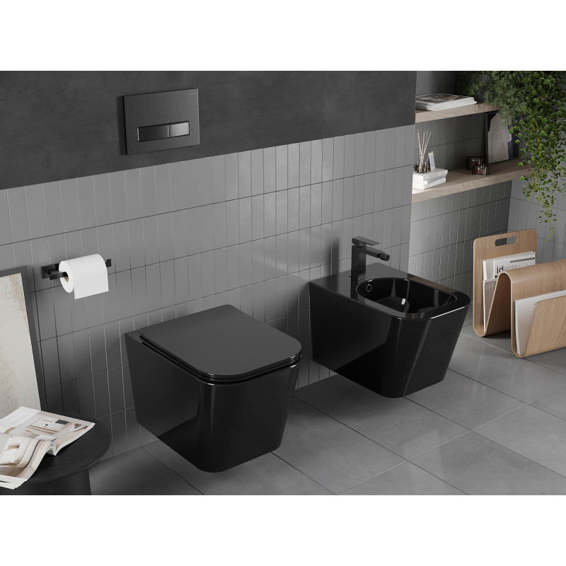 Mexen Teo vas de toaletă rimless cu capac cu cădere lentă subțire, duroplast, negru lucios - 30854070