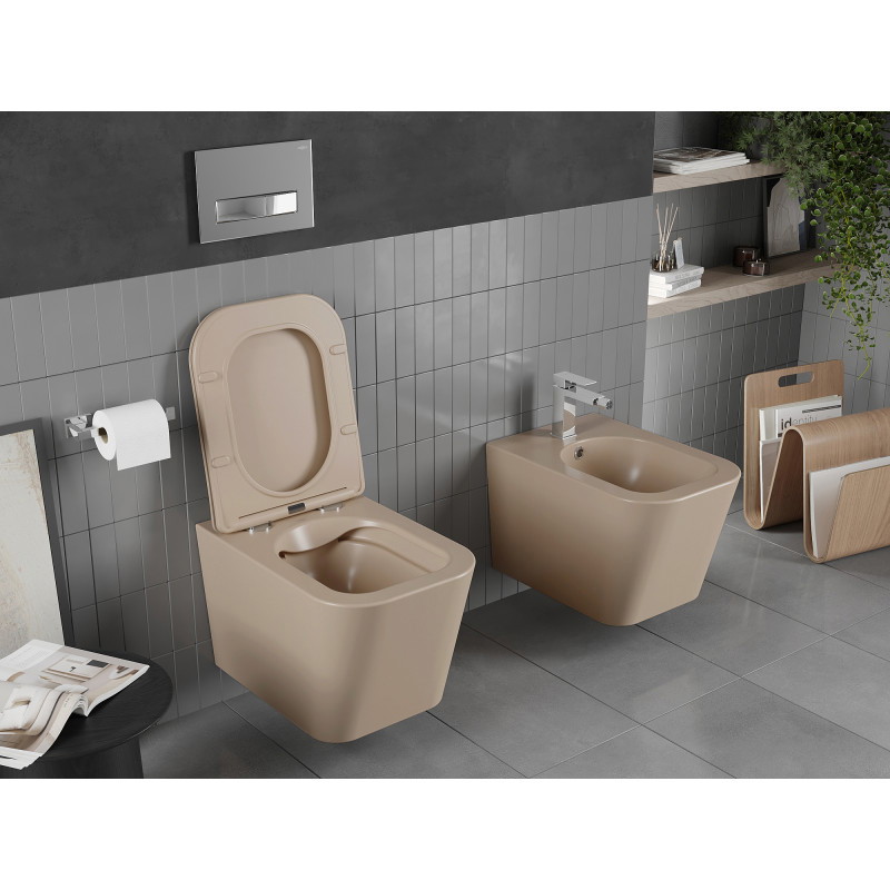 Mexen Teo Rim nélküli WC-csésze lassan záródó, slim duroplaszt üléssel, matt capuccino - 30854064