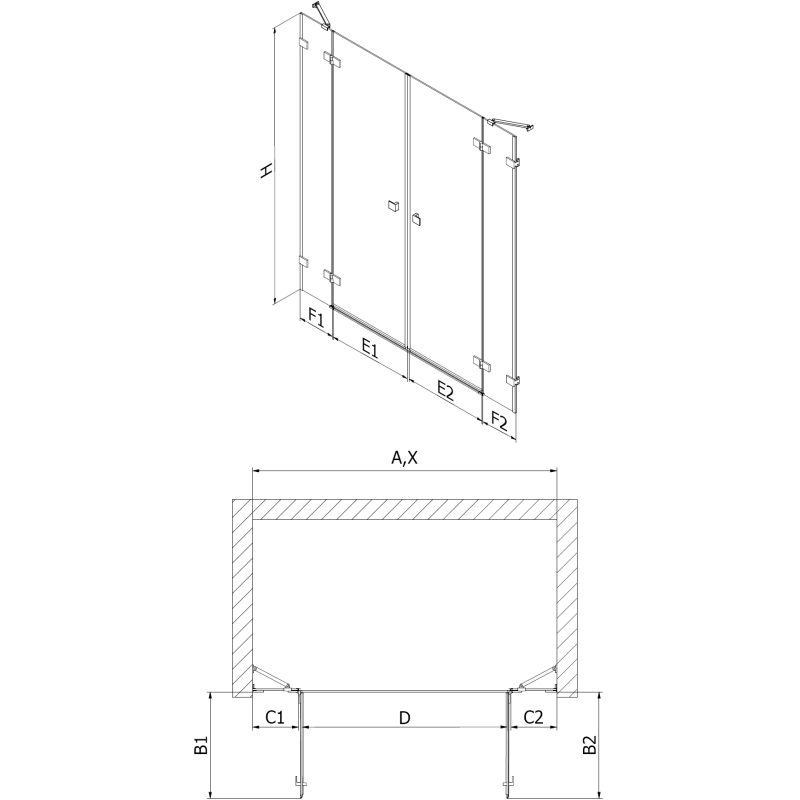 Mexen Lunar Duo uși de duș batante 140 cm, transparent, negru - 834D-140-000-70-00