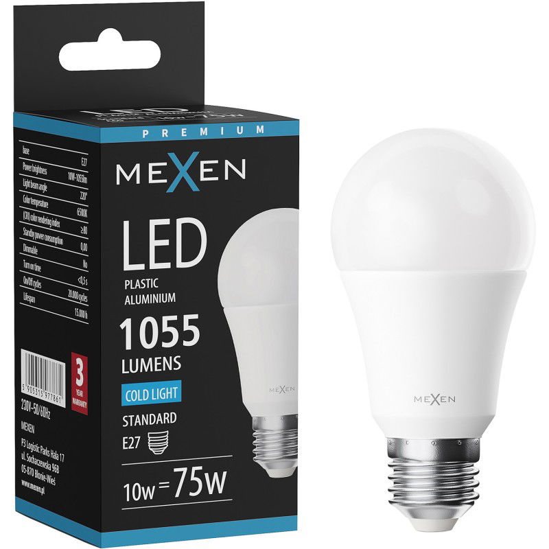 Mexen Nova LED izzó E27, A60, 10W, Hideg - 6500K, 1055 lm - L100-E27-1065-01