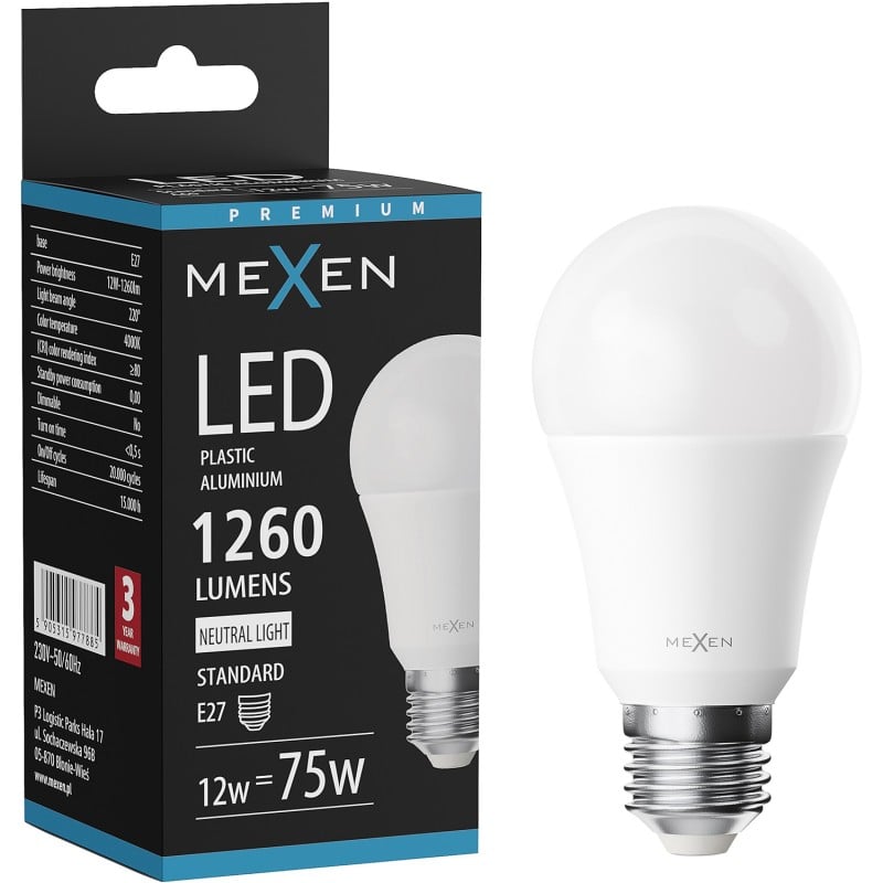 Mexen Nova Bec LED E27, A60, 12W, Neutru - 4000K, 1260 lm - L100-E27-1240-01