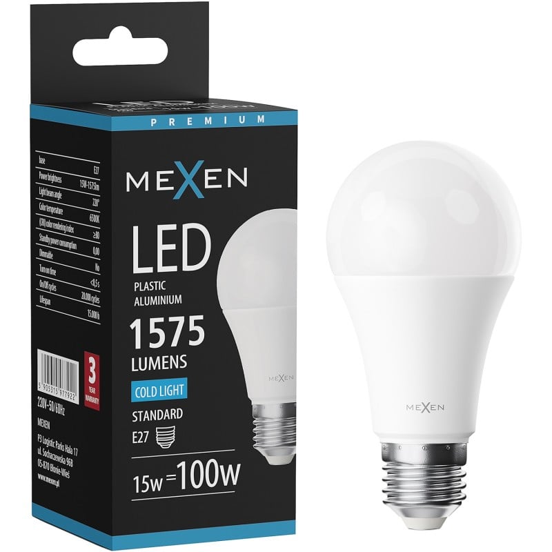 Mexen Nova LED izzó E27, A60, 15W, Hideg - 6500K, 1575 lm - L100-E27-1565-01