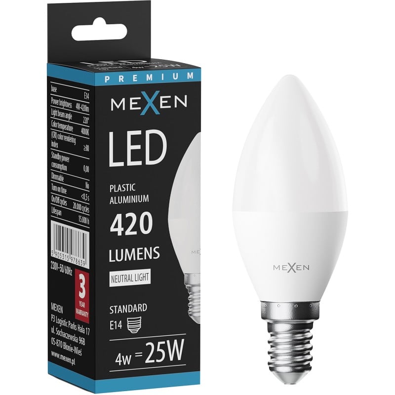 Mexen Nova LED izzó E14, C37, 4W, Semleges - 4000K, 420 lm - L102-E14-0440-01