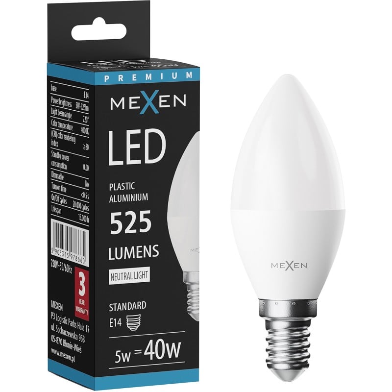 Mexen Nova LED izzó E14, C37, 5W, Semleges - 4000K, 525 lm - L102-E14-0540-01