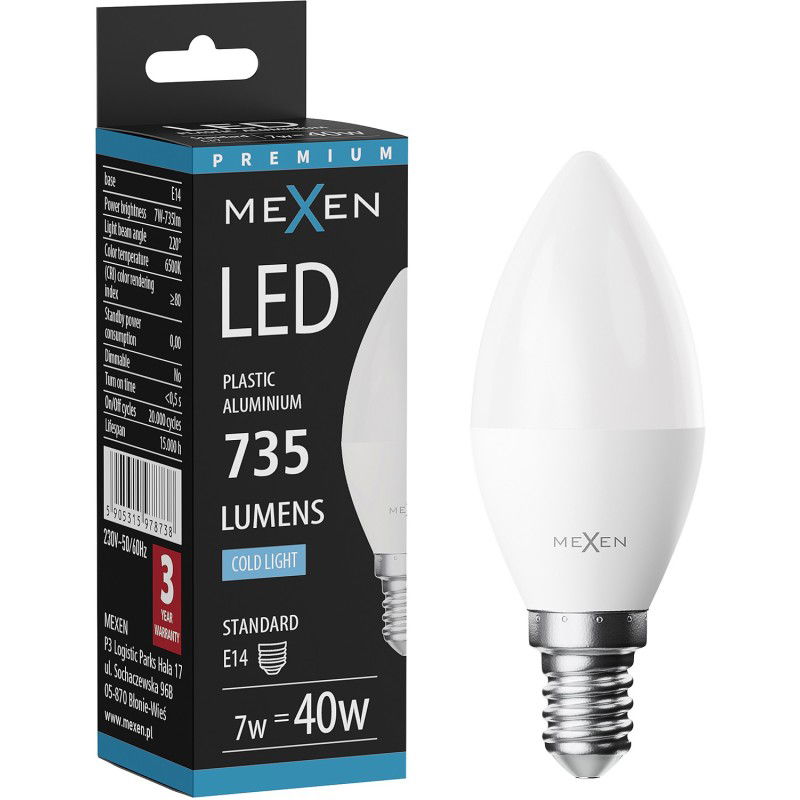 Mexen Nova Bec LED E14, C37, 7W, Rece - 6500K, 735 lm - L102-E14-0765-01