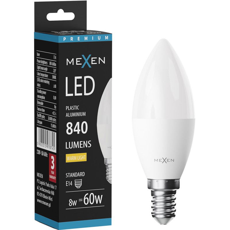 Mexen Nova LED izzó E14, C37, 8W, Meleg - 3000K, 840 lm - L102-E14-0830-01