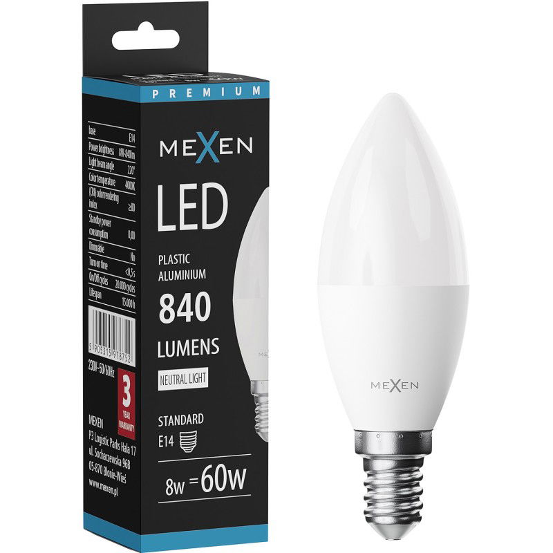 Mexen Nova Bec LED E14, C37, 8W, Neutru - 4000K, 840 lm - L102-E14-0840-01