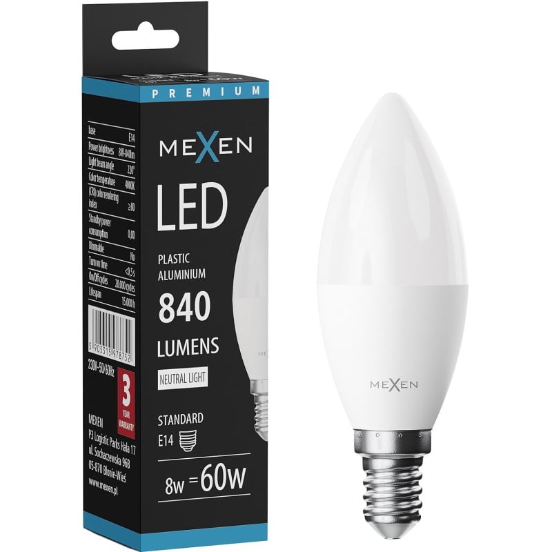 Mexen Nova LED izzó E14, C37, 8W, Semleges - 4000K, 840 lm - L102-E14-0840-01