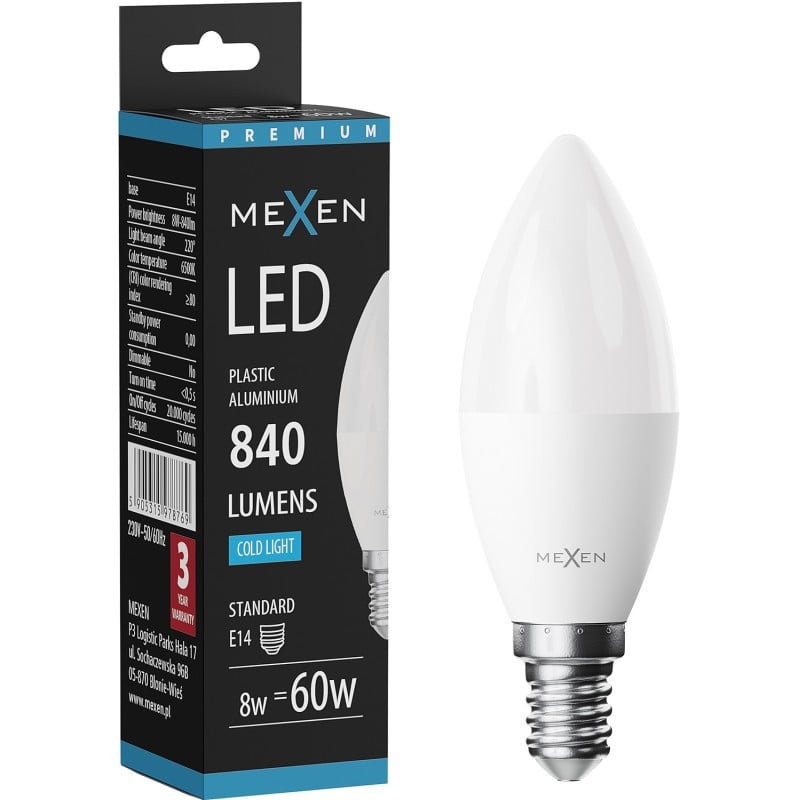 Mexen Nova LED izzó E14, C37, 8W, Hideg - 6500K, 840 lm - L102-E14-0865-01