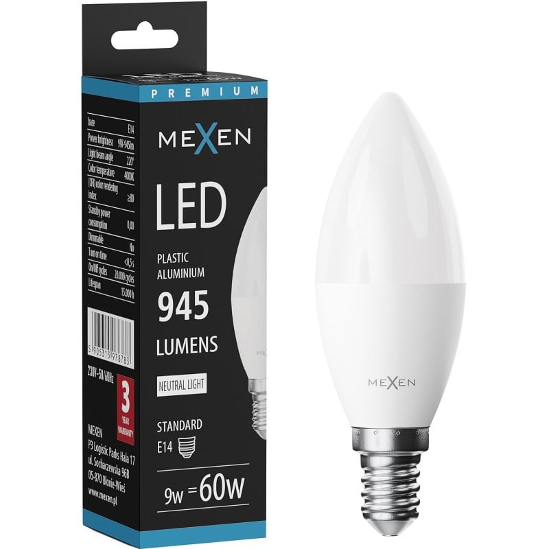 Mexen Nova Bec LED E14, C37, 9W, Neutru - 4000K, 945 lm - L102-E14-0940-01