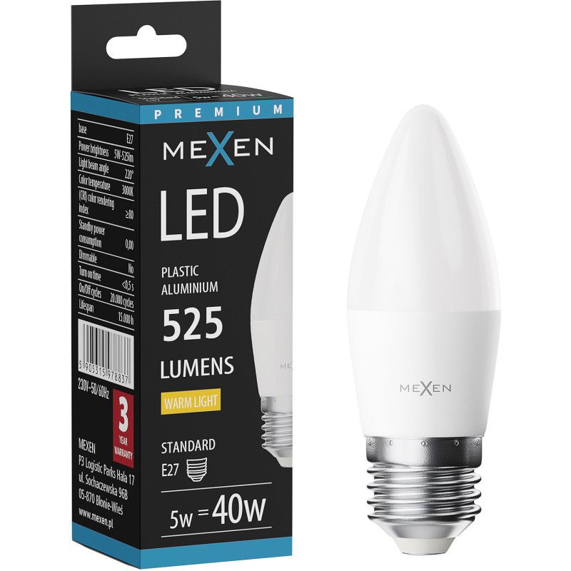 Mexen Nova LED izzó E27, C37, 5W, Meleg - 3000K, 525 lm - L102-E27-0530-01