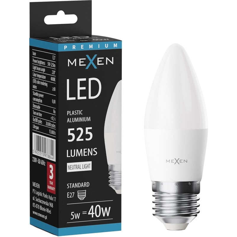 Mexen Nova LED izzó E27, C37, 5W, Semleges - 4000K, 525 lm - L102-E27-0540-01