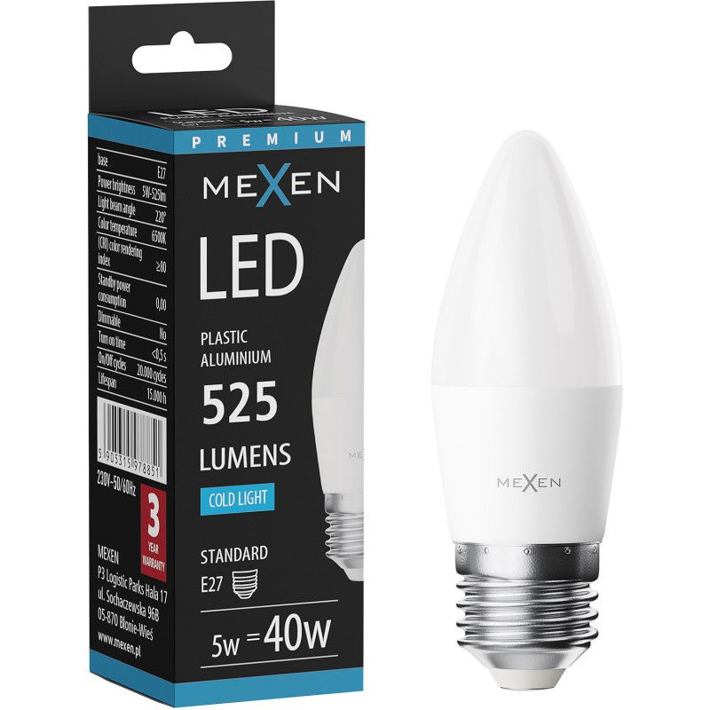 Mexen Nova Bec LED E27, C37, 5W, Rece - 6500K, 525 lm - L102-E27-0565-01